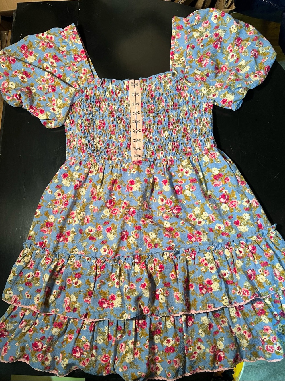 Smocked Floral Puff-Sleeve Ladies Dress - Blue with Pink Roses-Medium